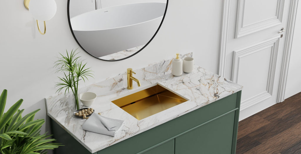 Badeloft ES-UB-04-M brushed gold stainless steel sink, top view 2
