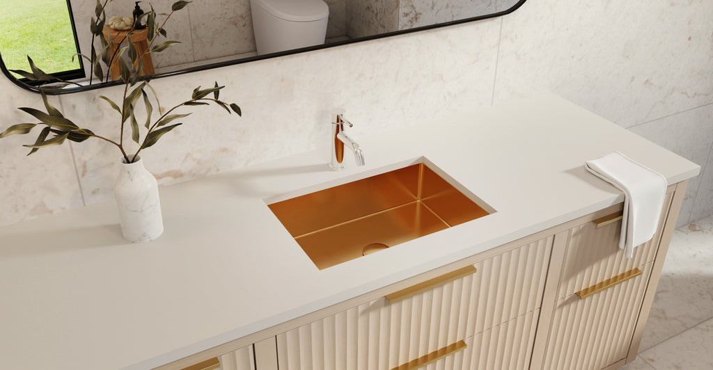 Badeloft ES-UB-03 brushed rose gold stainless steel sink, lifestyle view