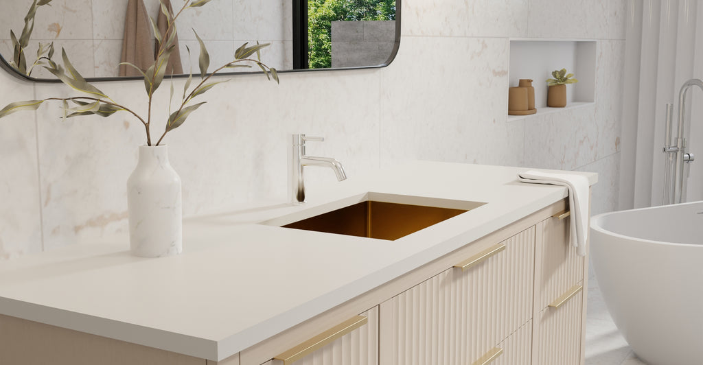 Badeloft ES-UB-03 brushed gold stainless steel sink, lifestyle view 5