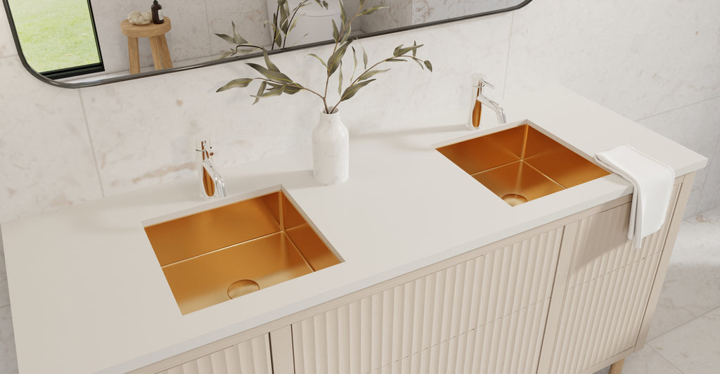 Badeloft ES-UB-02 brushed rose gold stainless steel sink, lifestyle view