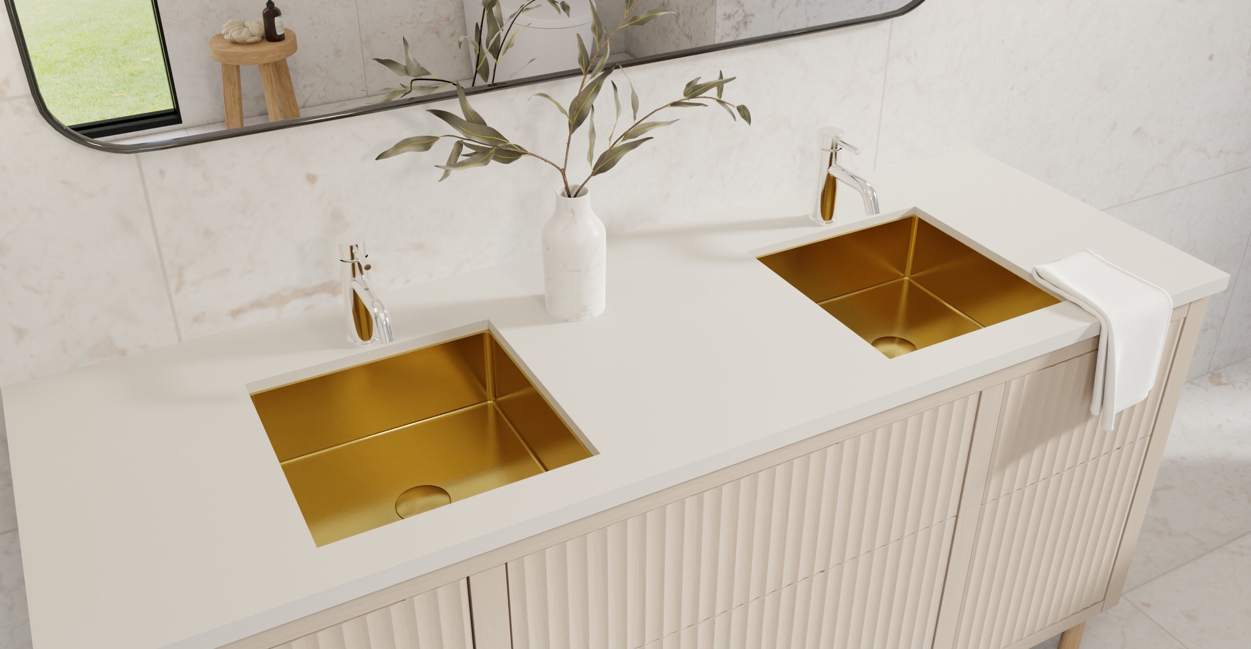 Badeloft ES-UB-02 brushed gold stainless steel sink, lifestyle view