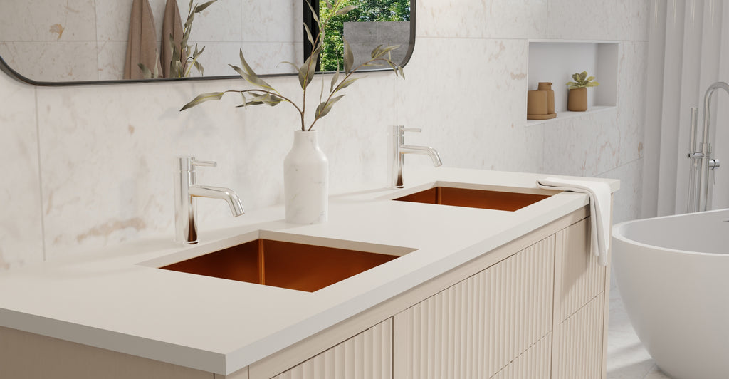 Badeloft ES-UB-02 brushed rose gold stainless steel sink, lifestyle view 1