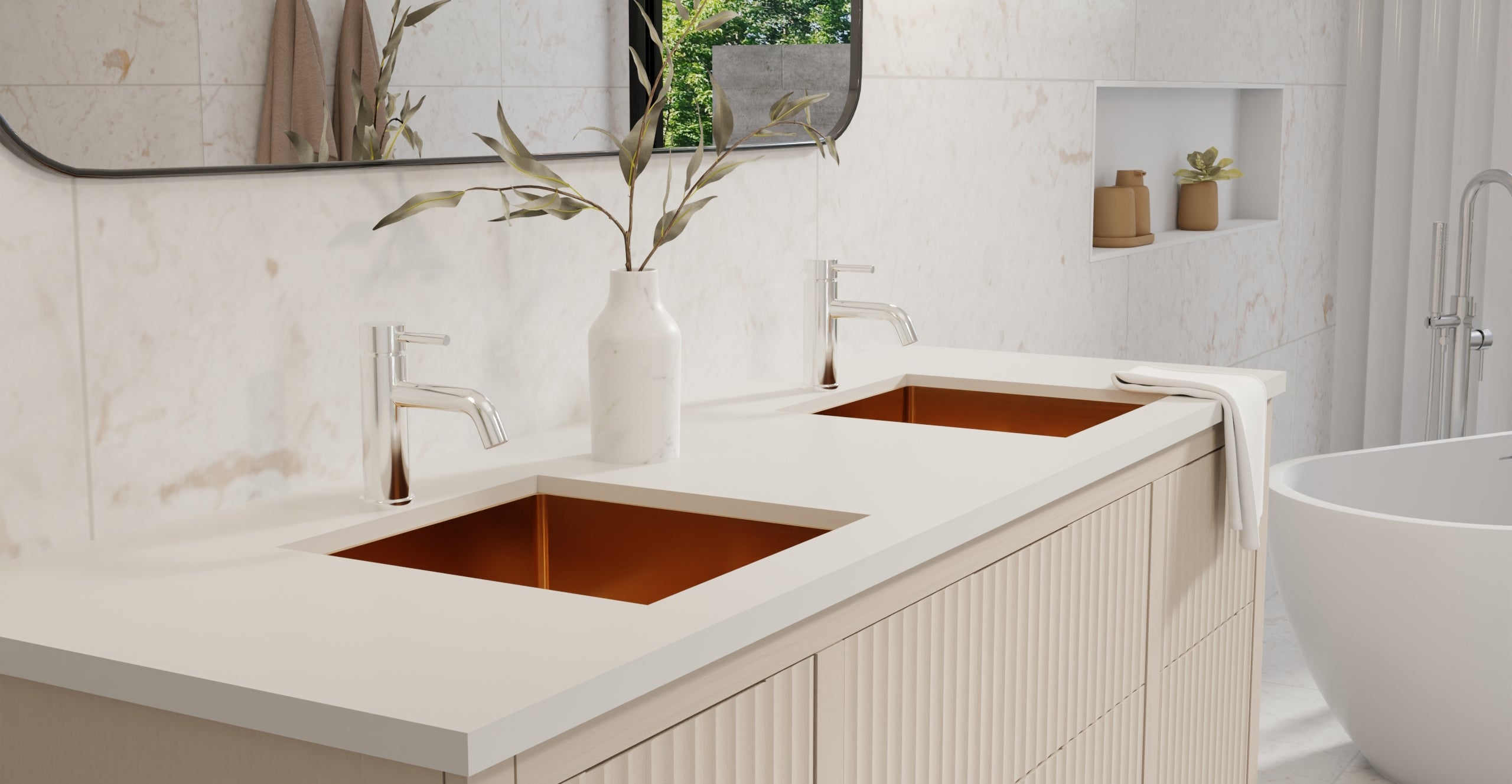 Badeloft ES-UB-02 brushed rose gold stainless steel sink, lifestyle view 1