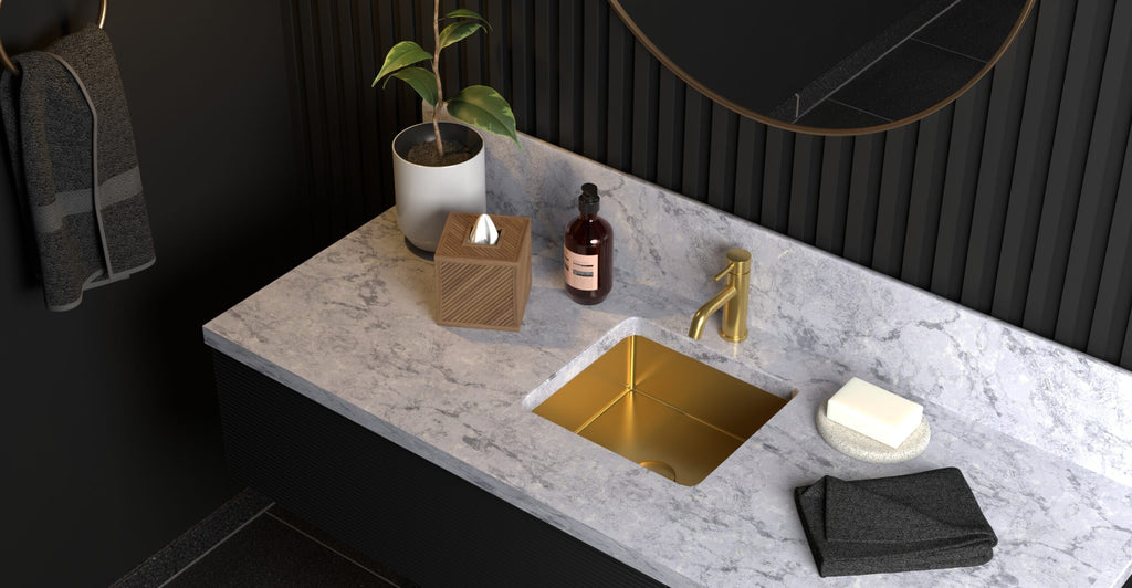 Badeloft ES-UB-02 brushed gold stainless steel sink, lifestyle view 1