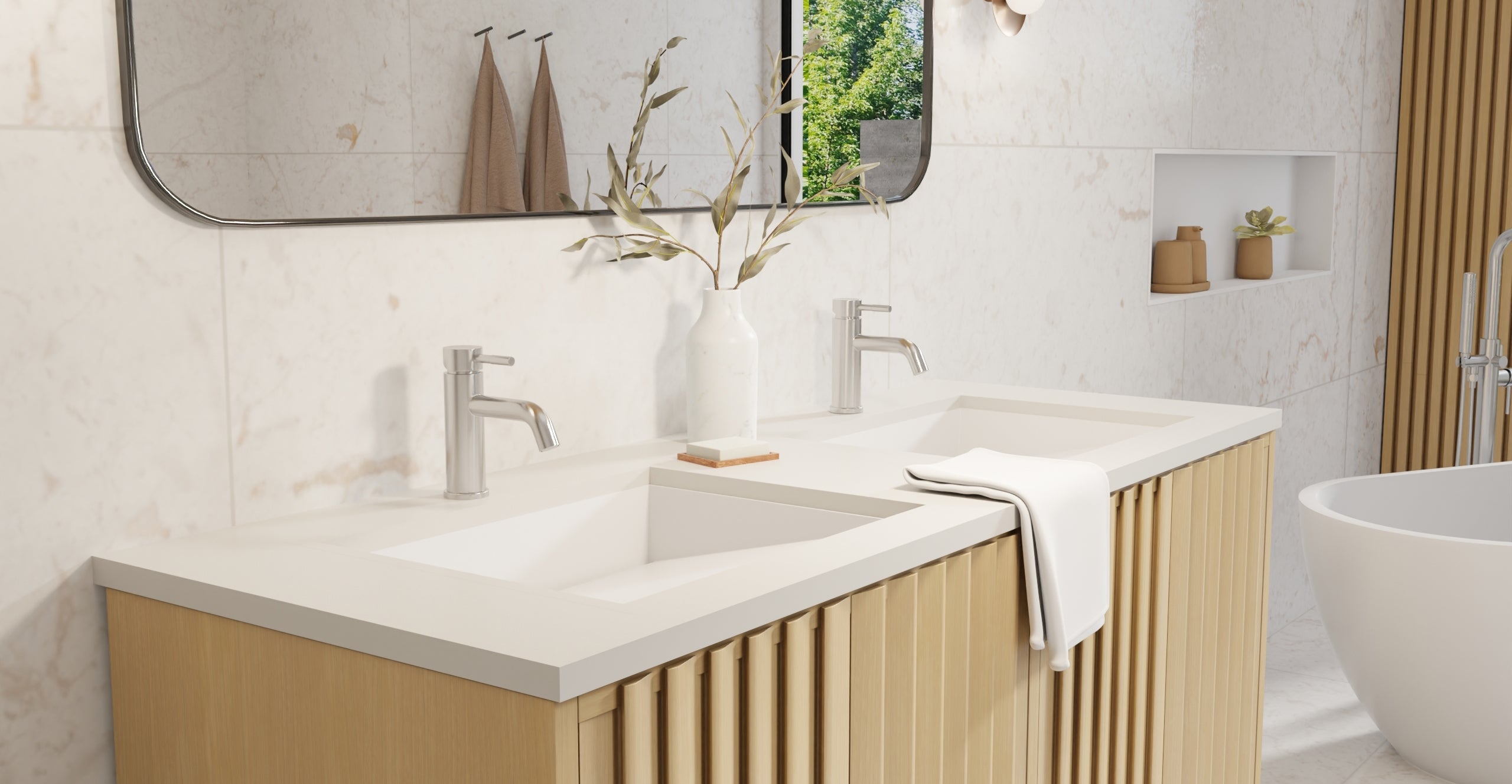 Badeloft UB-04-M glossy white undermount ramp sink, lifestyle view 4