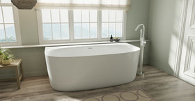 Badeloft BW-11 glossy white freestanding bathtub, lifestyle view 1