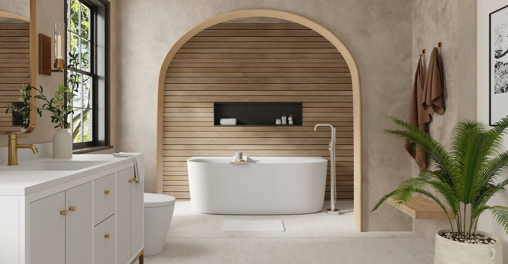 Badeloft BW-11 glossy white freestanding bathtub, lifestyle view 3