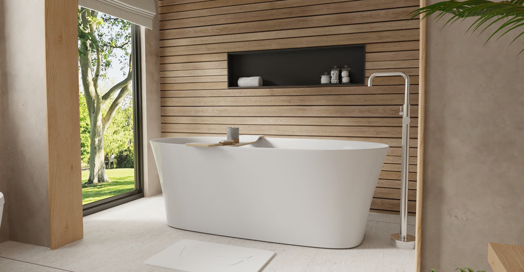 Badeloft BW-12 glossy white freestanding bathtub, lifestyle view 4