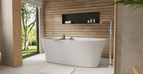 Badeloft BW-12 glossy white freestanding bathtub, lifestyle view 4