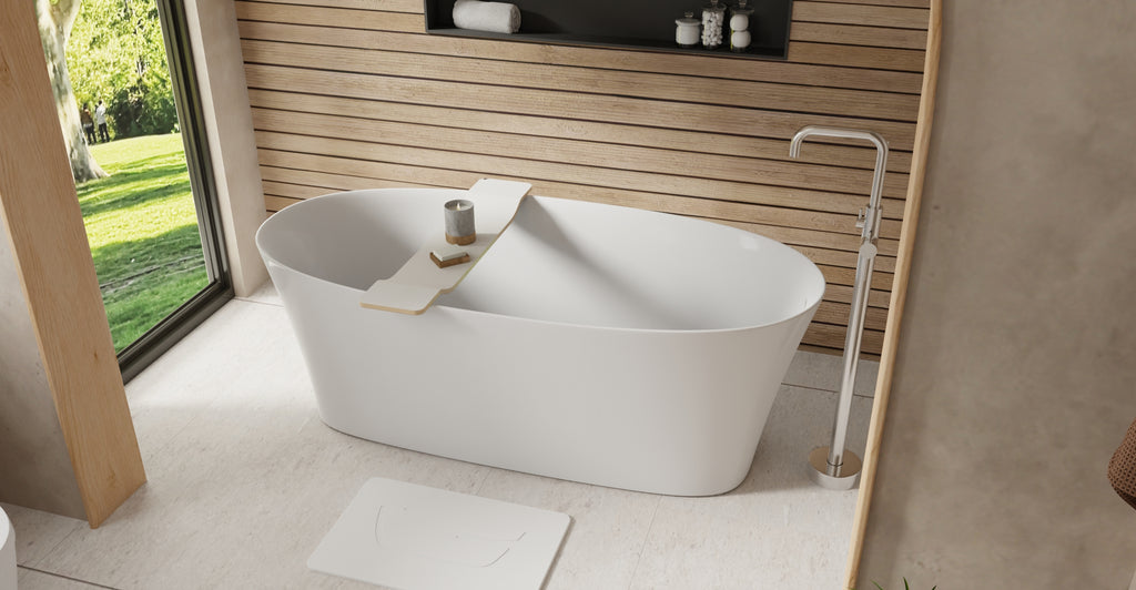 Badeloft BW-12 glossy white freestanding bathtub, lifestyle view 5