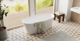 Badeloft BW-12 glossy white freestanding bathtub, lifestyle view 9