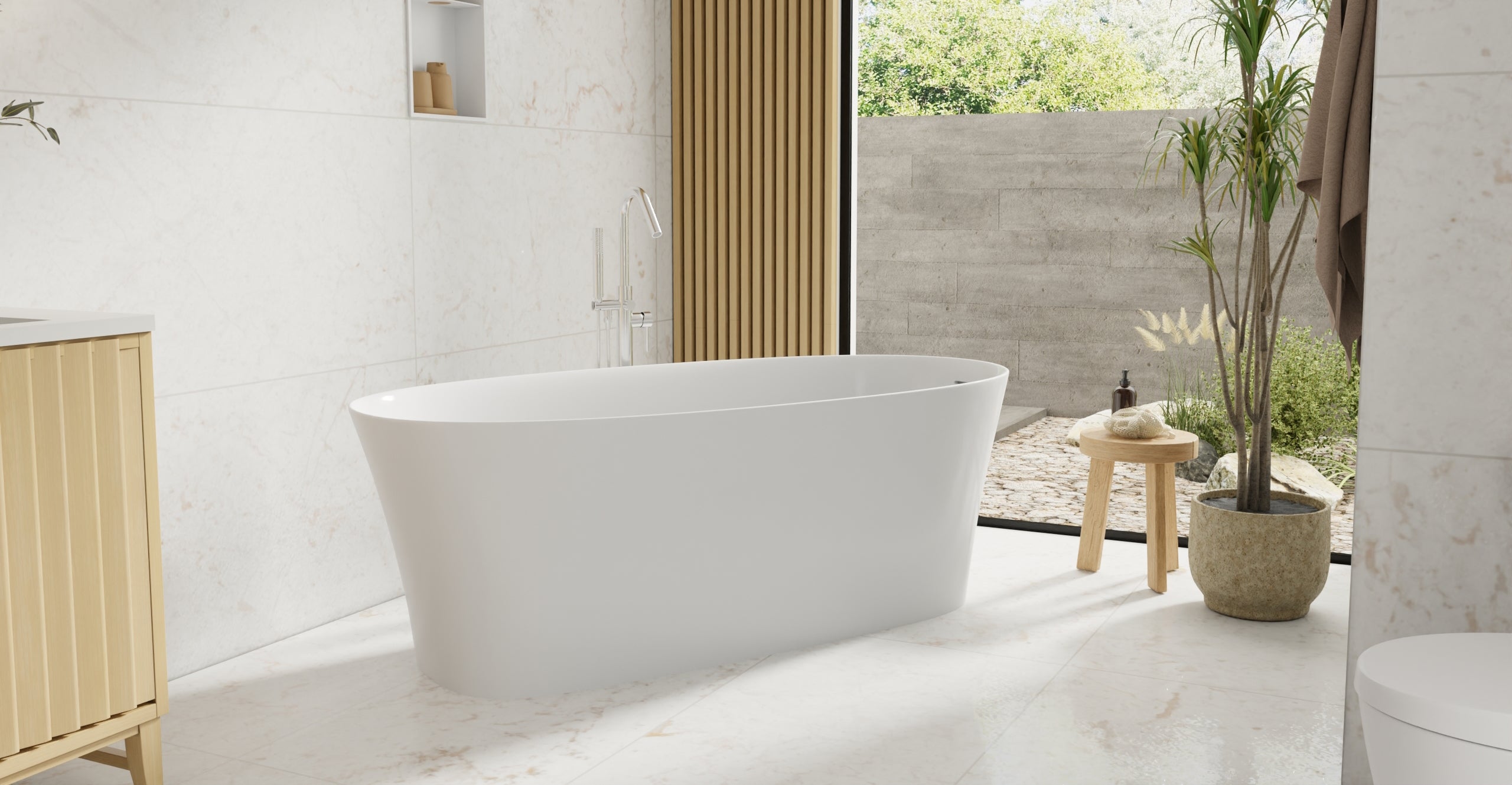 Badeloft BW-12 glossy white freestanding bathtub, lifestyle view 7