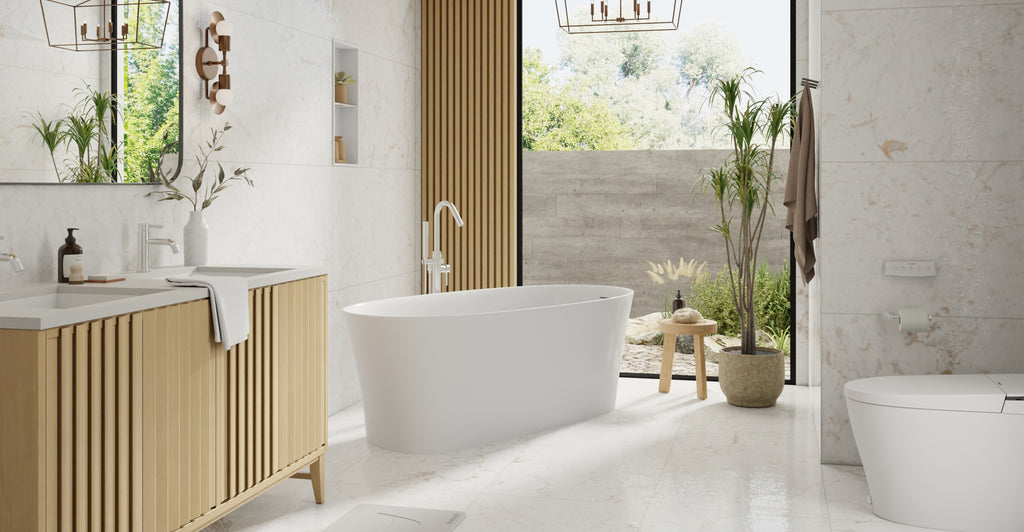Badeloft BW-12 glossy white freestanding bathtub, lifestyle view 6