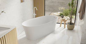 Badeloft BW-12 glossy white freestanding bathtub, lifestyle view 8