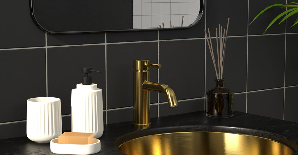 Badeloft WAT-01-L gold sink faucet, lifestyle view