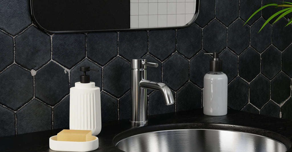 Badeloft WAT-01-L brushed steel sink faucet, lifestyle view