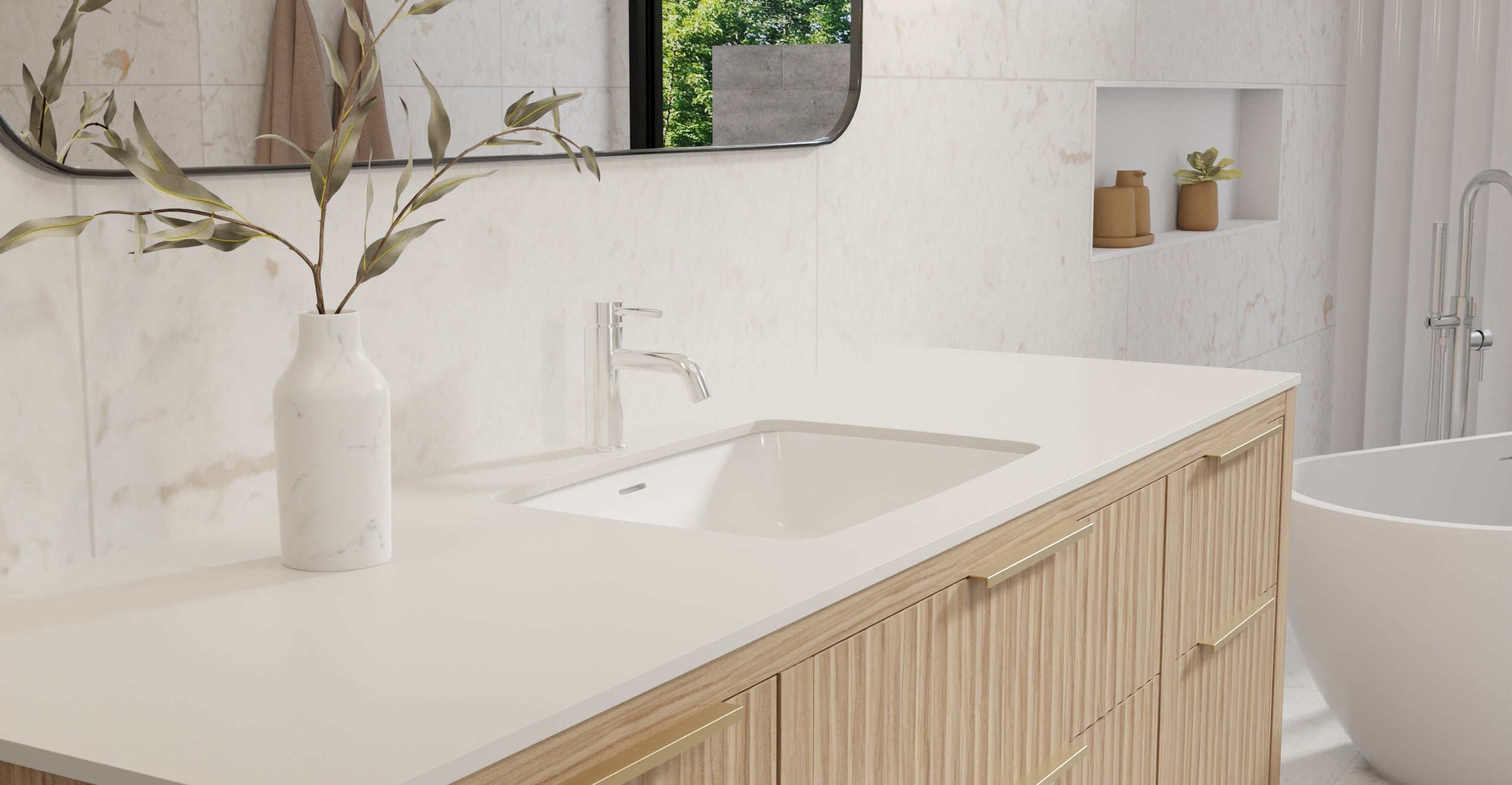 Badeloft UB-01 glossy white undermount sink, lifestyle view 1