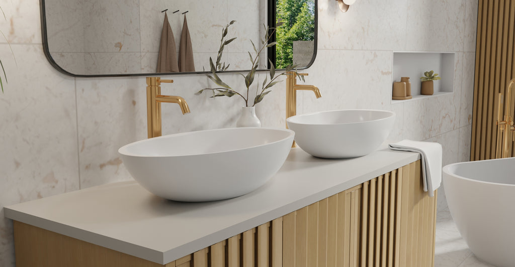 Badeloft WB-04 glossy white countertop sink, lifestyle view 1