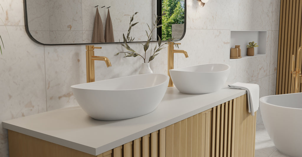 Badeloft WB-03 glossy white countertop sink, lifestyle view 1