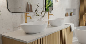 Badeloft WB-03 glossy white countertop sink, lifestyle view 1