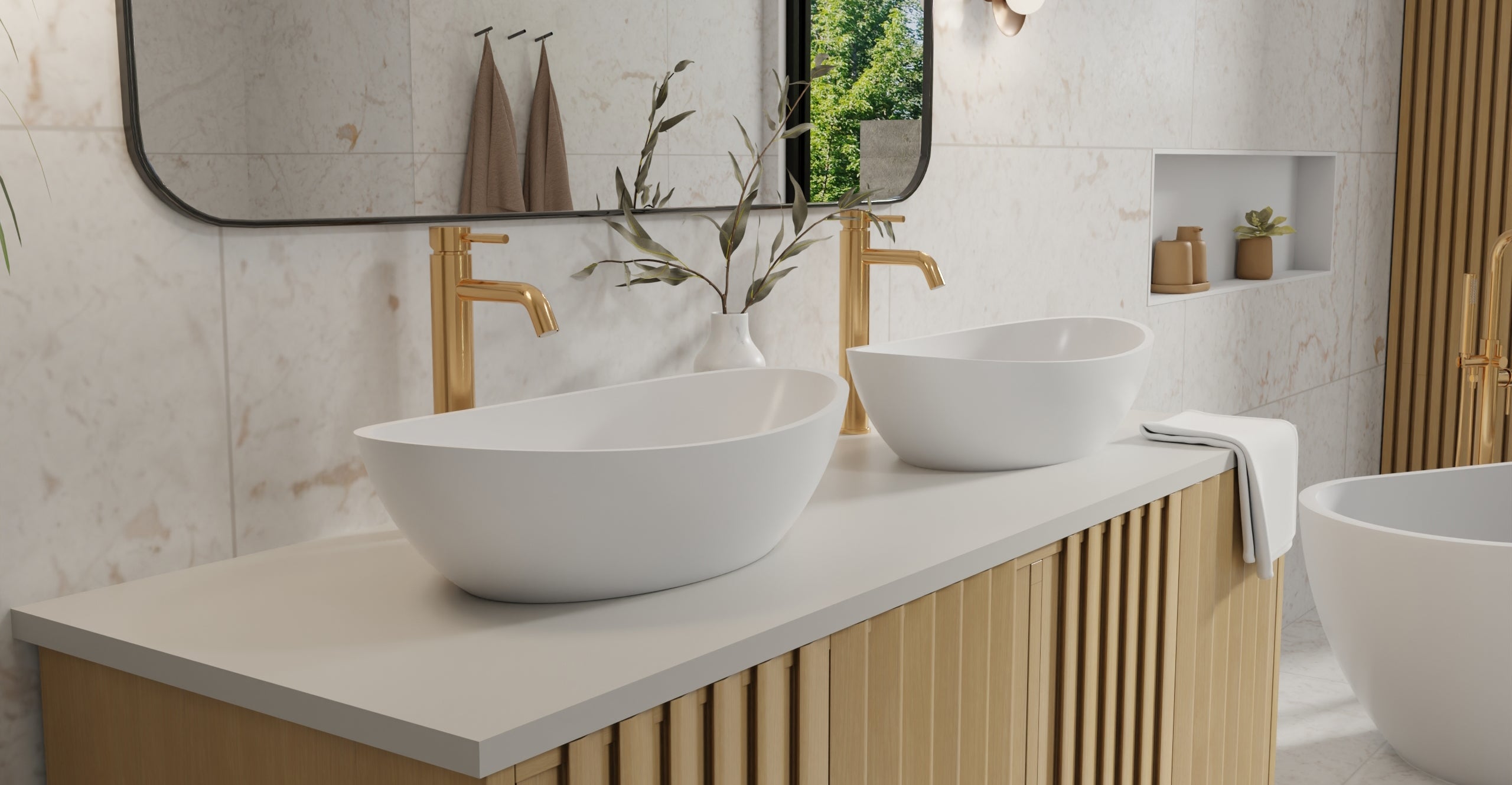 Badeloft WB-03 glossy white countertop sink, lifestyle view 1