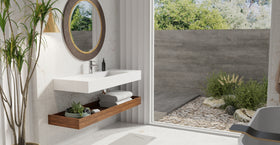 Badeloft WT-03 glossy white wall mounted sink, lifestyle view 1