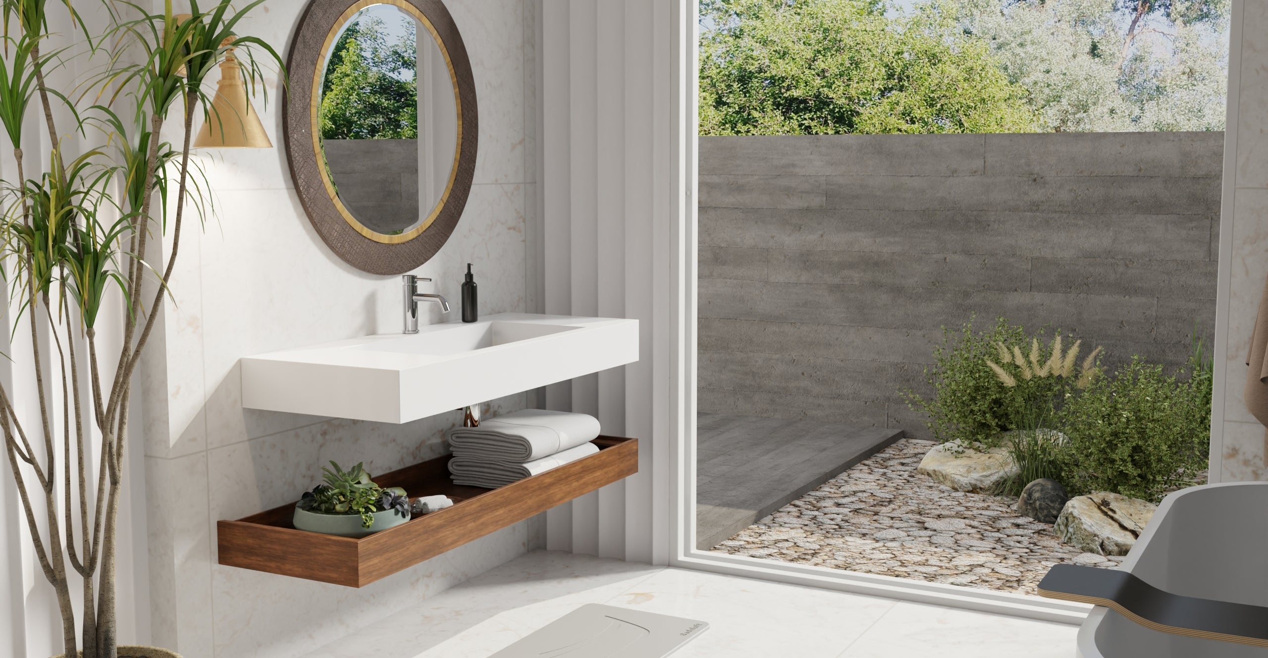 Badeloft WT-03 glossy white wall mounted sink, lifestyle view 1