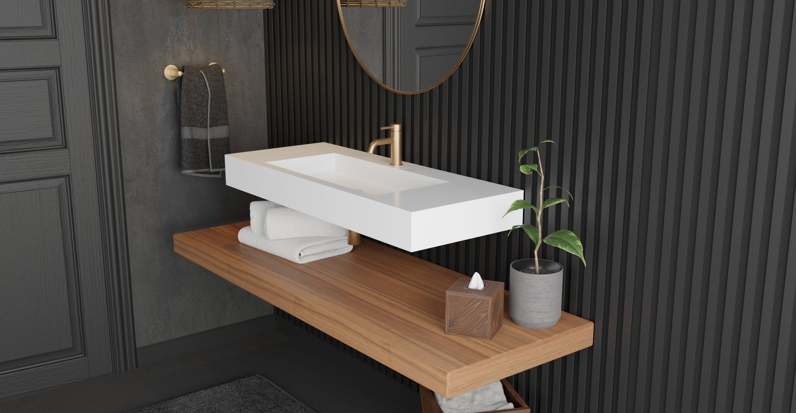 Badeloft WT-03 glossy white wall mounted sink, lifestyle view 3