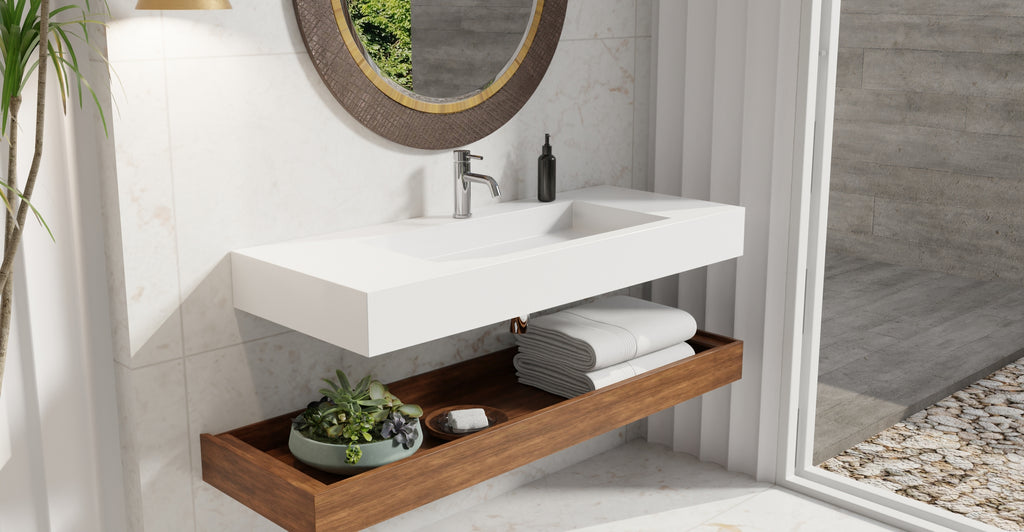 Badeloft WT-03 glossy white wall mounted sink, lifestyle view 2