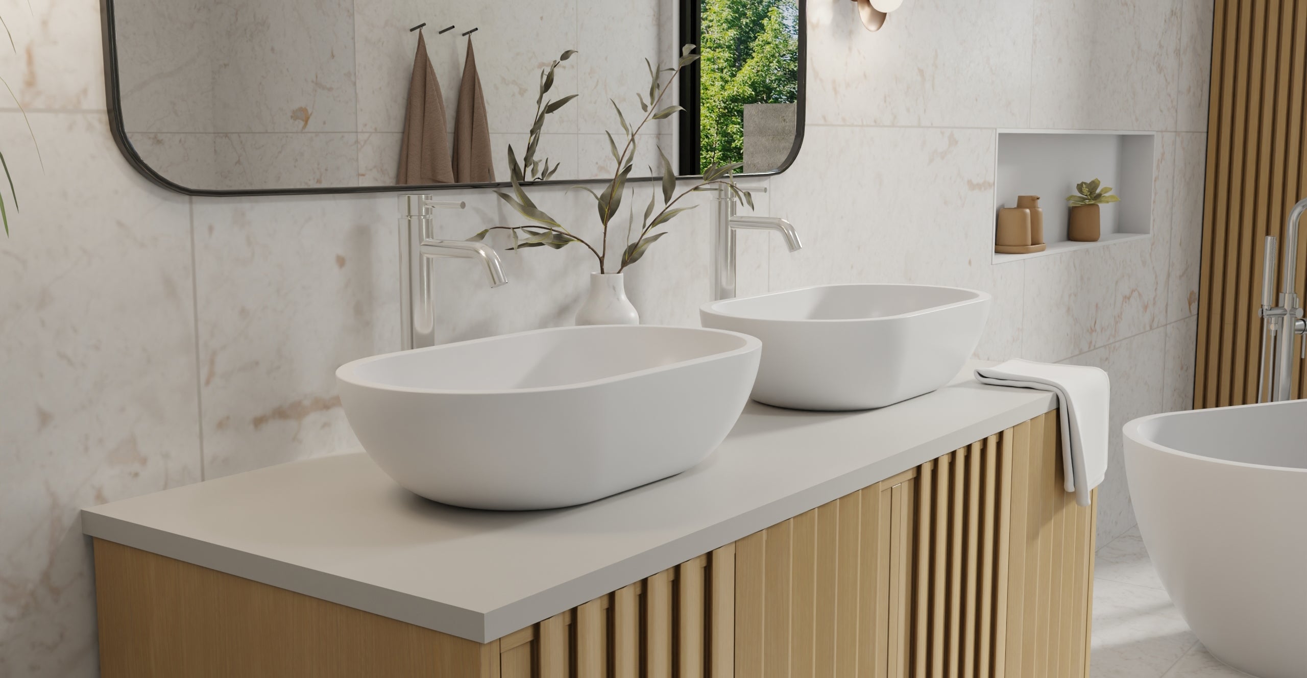 Badeloft WB-02 glossy white countertop sink, lifestyle view 1