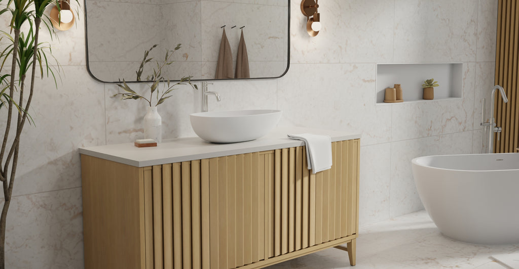 Badeloft WB-01 glossy white countertop sink, lifestyle view 2