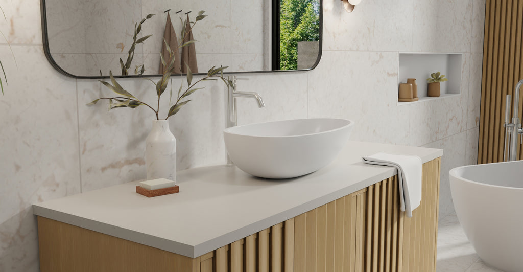 Badeloft WB-01 glossy white countertop sink, lifestyle view 1