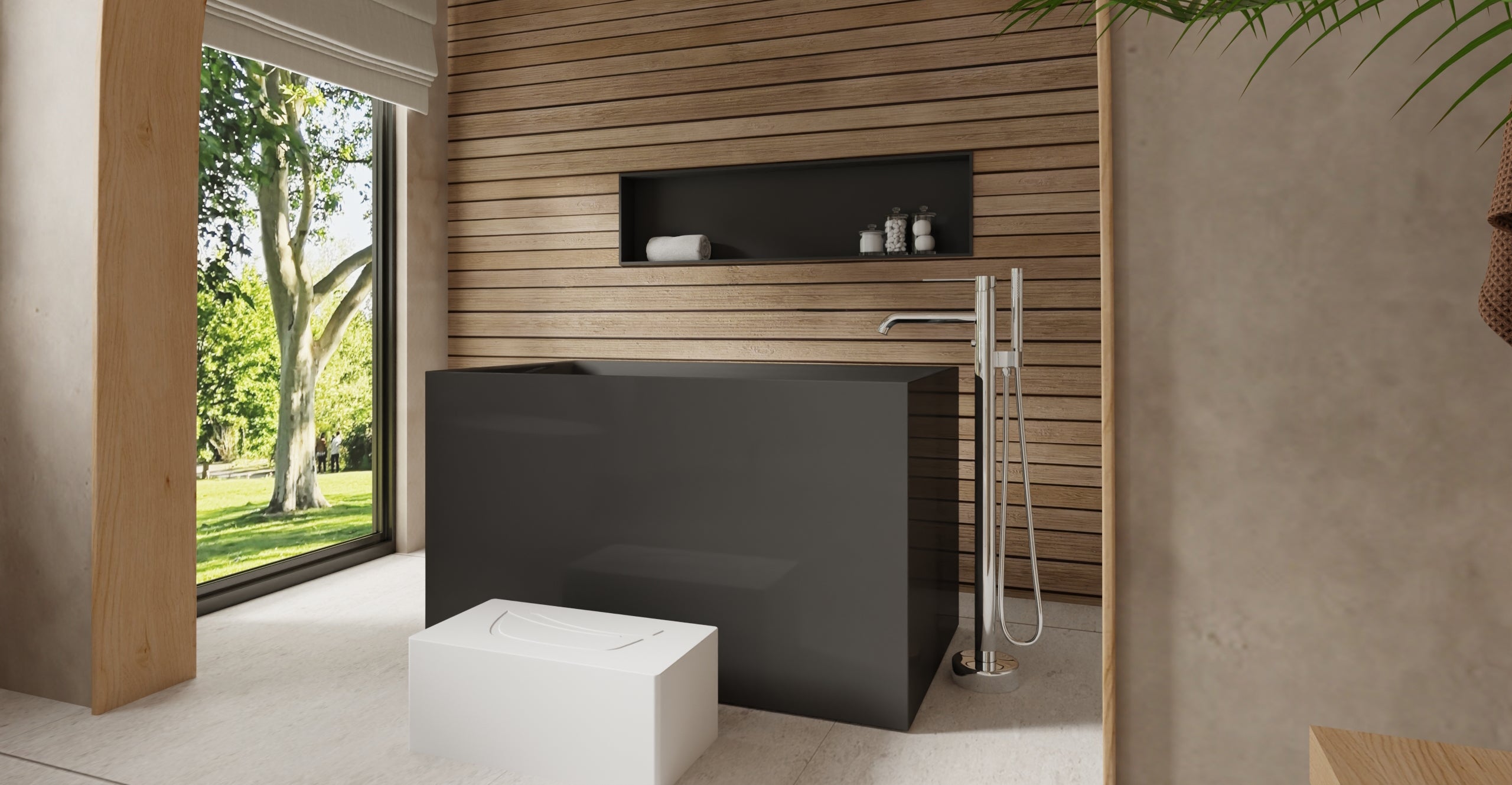 Badeloft BW-06-S-BLK glossy black freestanding bathtub, lifestyle view 1