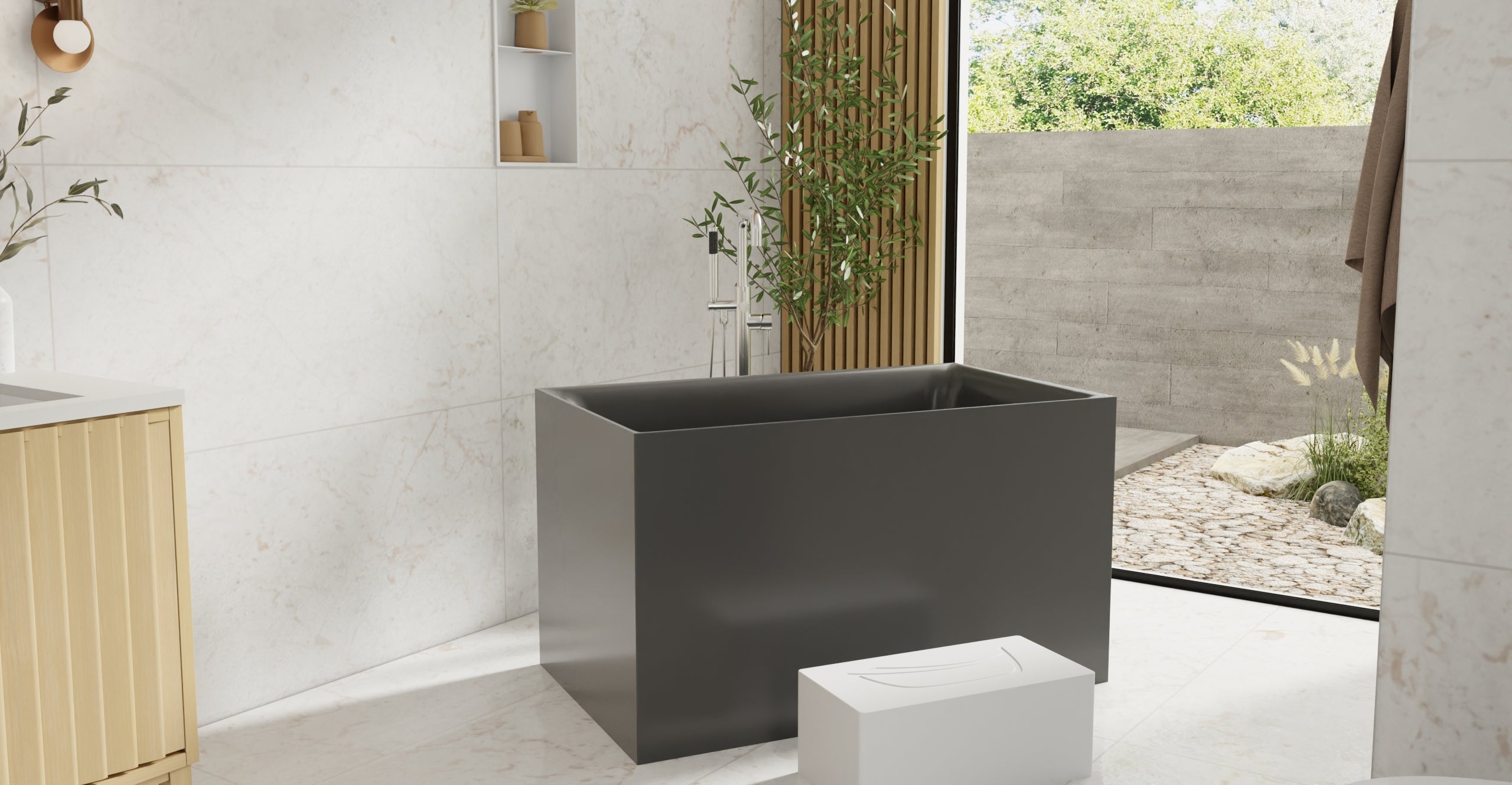 Badeloft BW-06-S-BLK glossy black freestanding bathtub, lifestyle view 4