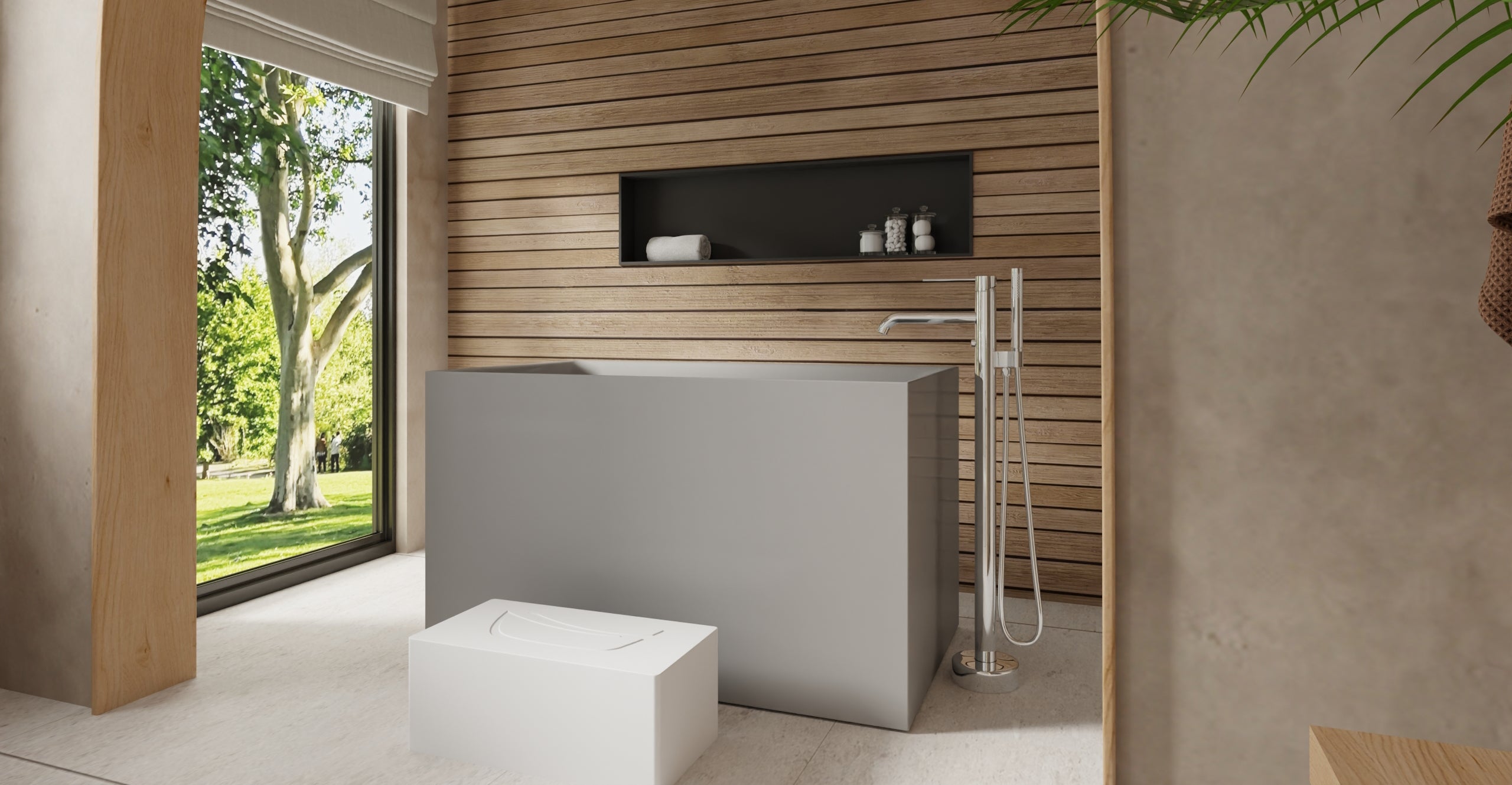 Badeloft BW-06-S-GRY glossy grey freestanding bathtub, lifestyle view 1