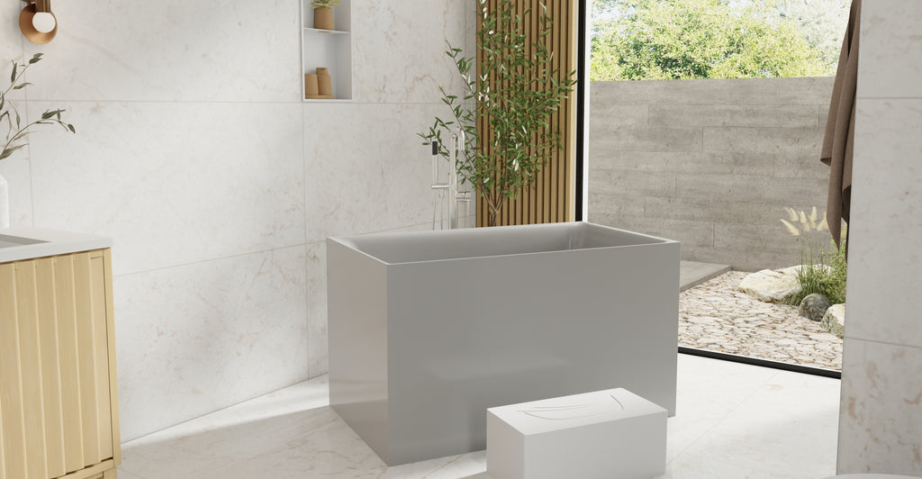 Badeloft BW-06-S-GRY glossy grey freestanding bathtub, lifestyle view 4