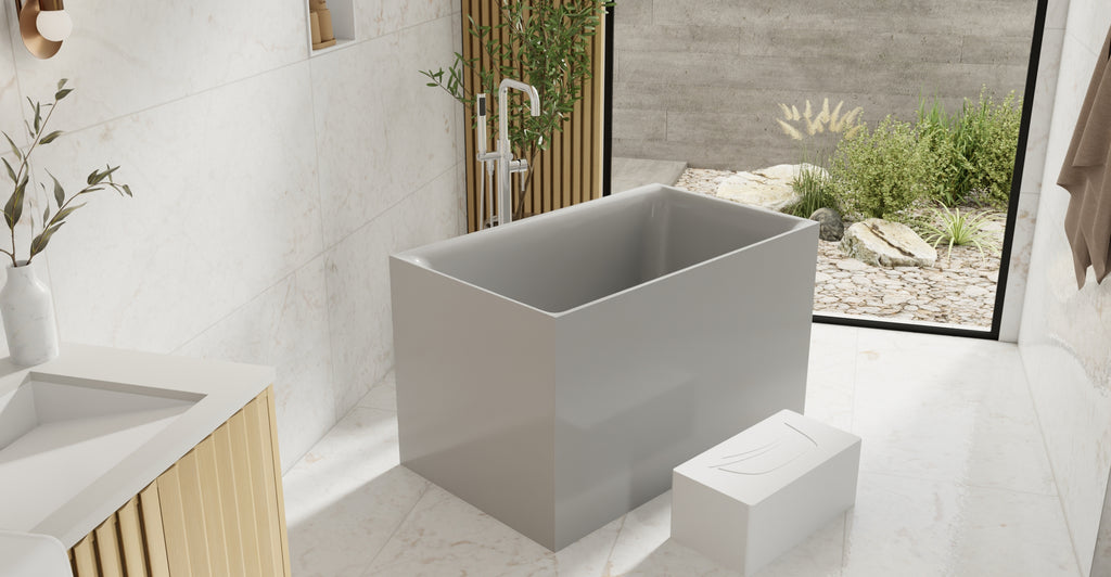 Badeloft BW-06-S-GRY glossy grey freestanding bathtub, lifestyle view 5
