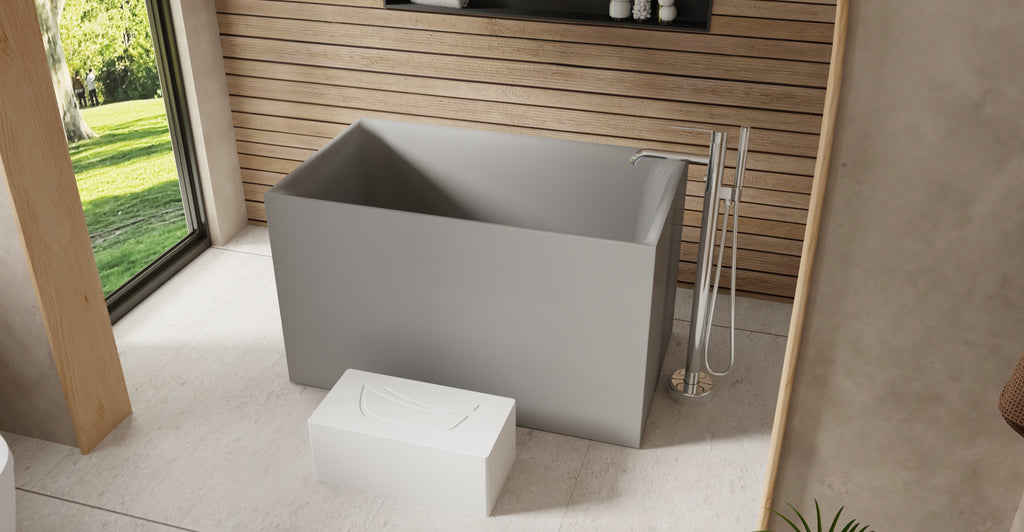 Badeloft BW-06-S-GRY glossy grey freestanding bathtub, lifestyle view 2
