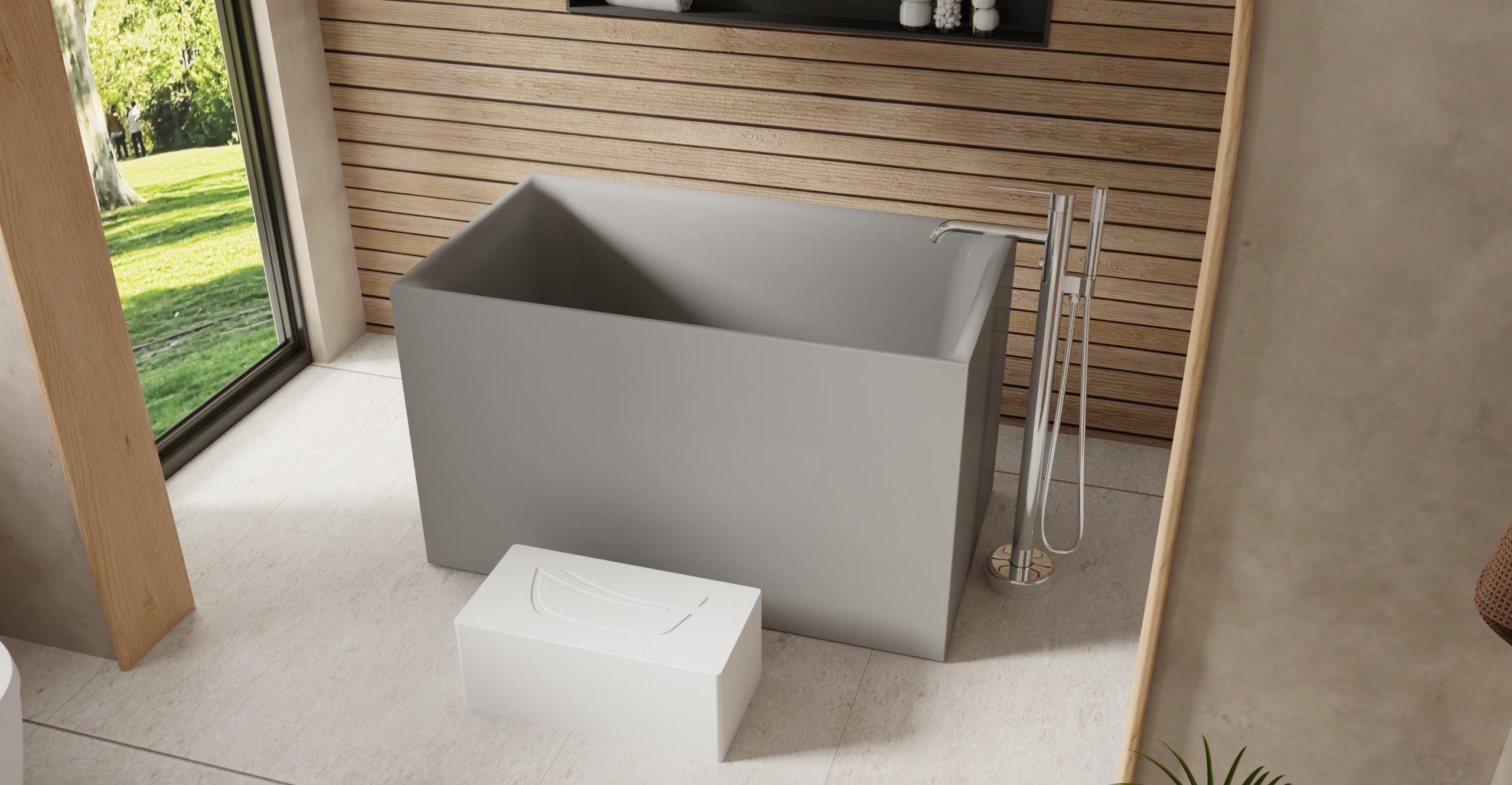 Badeloft BW-06-S-GRY glossy grey freestanding bathtub, lifestyle view 2
