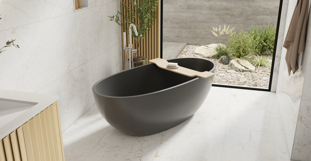 Badeloft BW-10-L-BLK glossy black freestanding bathtub, lifestyle view 6