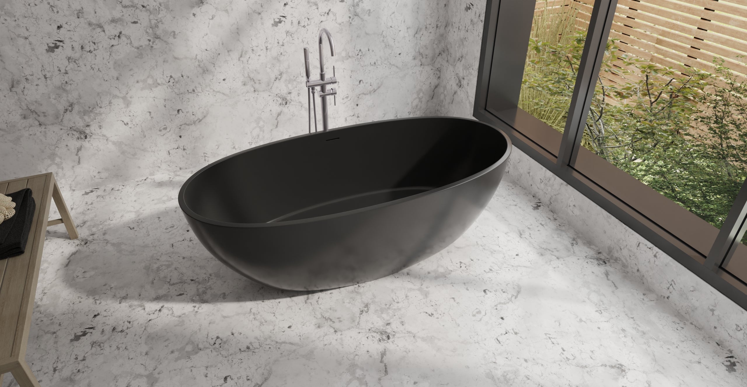 Badeloft BW-10-L-BLK glossy black freestanding bathtub, side and top view