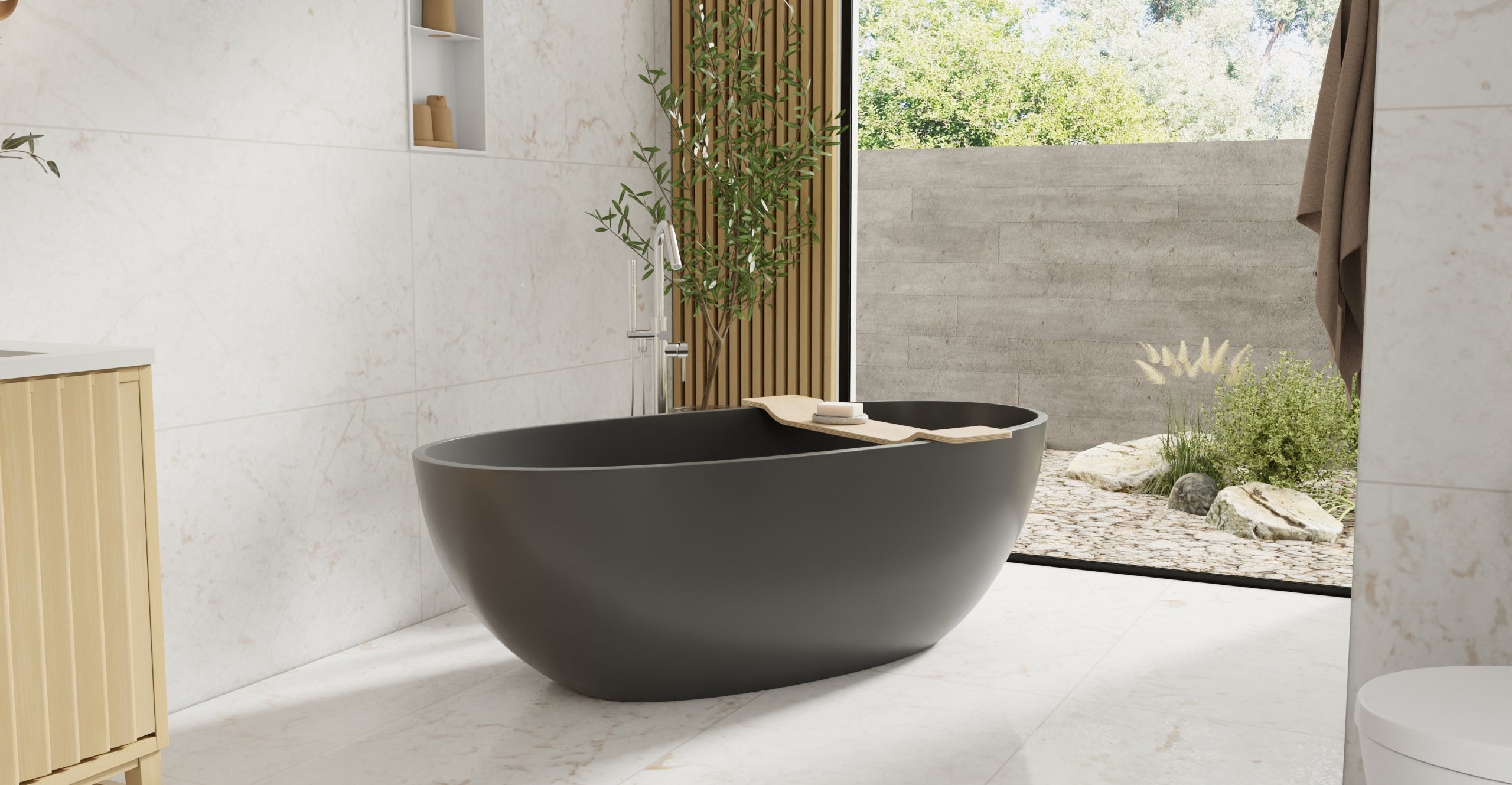 Badeloft BW-10-L-BLK glossy black freestanding bathtub, lifestyle view 5