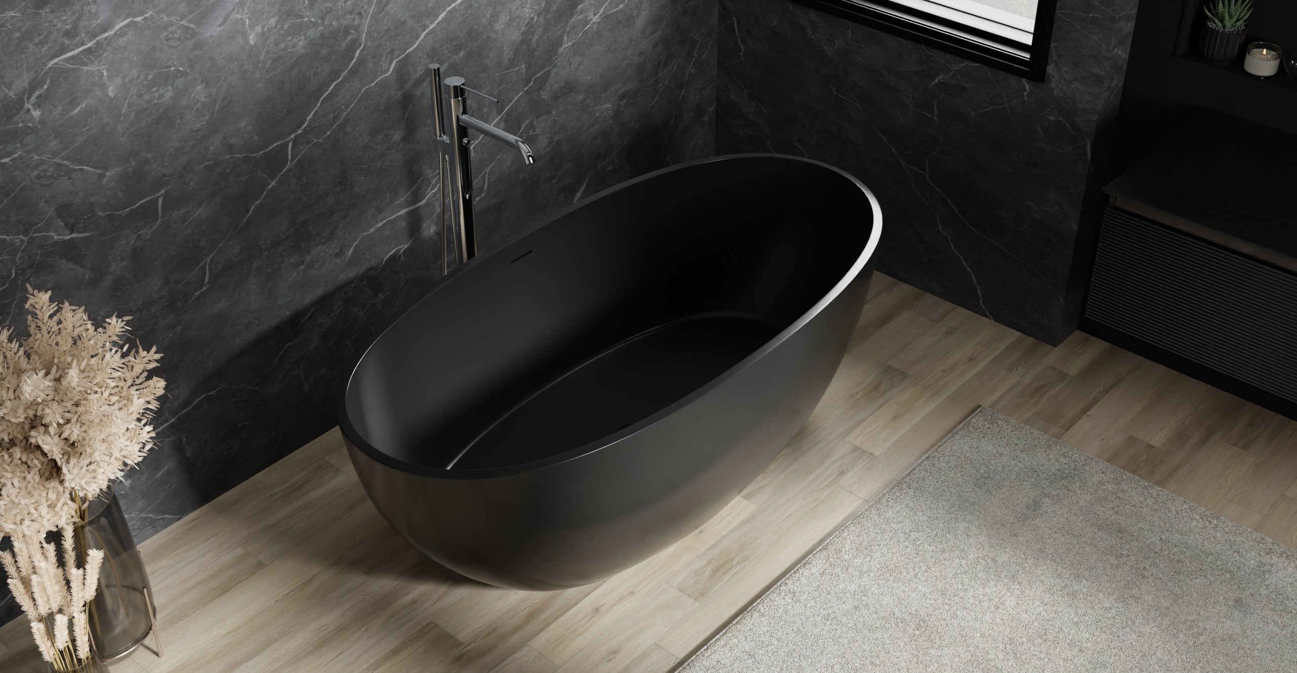 Badeloft BW-10-M-BLK glossy black freestanding bathtub, side and top view