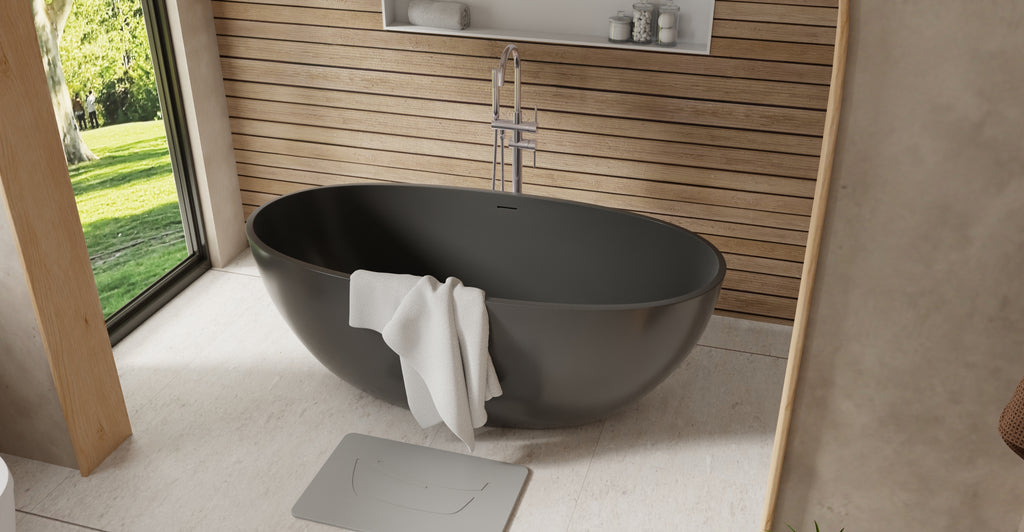 Badeloft BW-10-M-BLK glossy black freestanding bathtub, lifestyle view 5