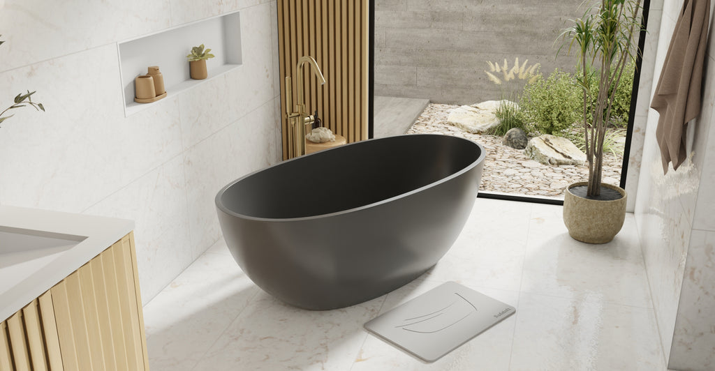 Badeloft BW-10-M-BLK glossy black freestanding bathtub, lifestyle view 2