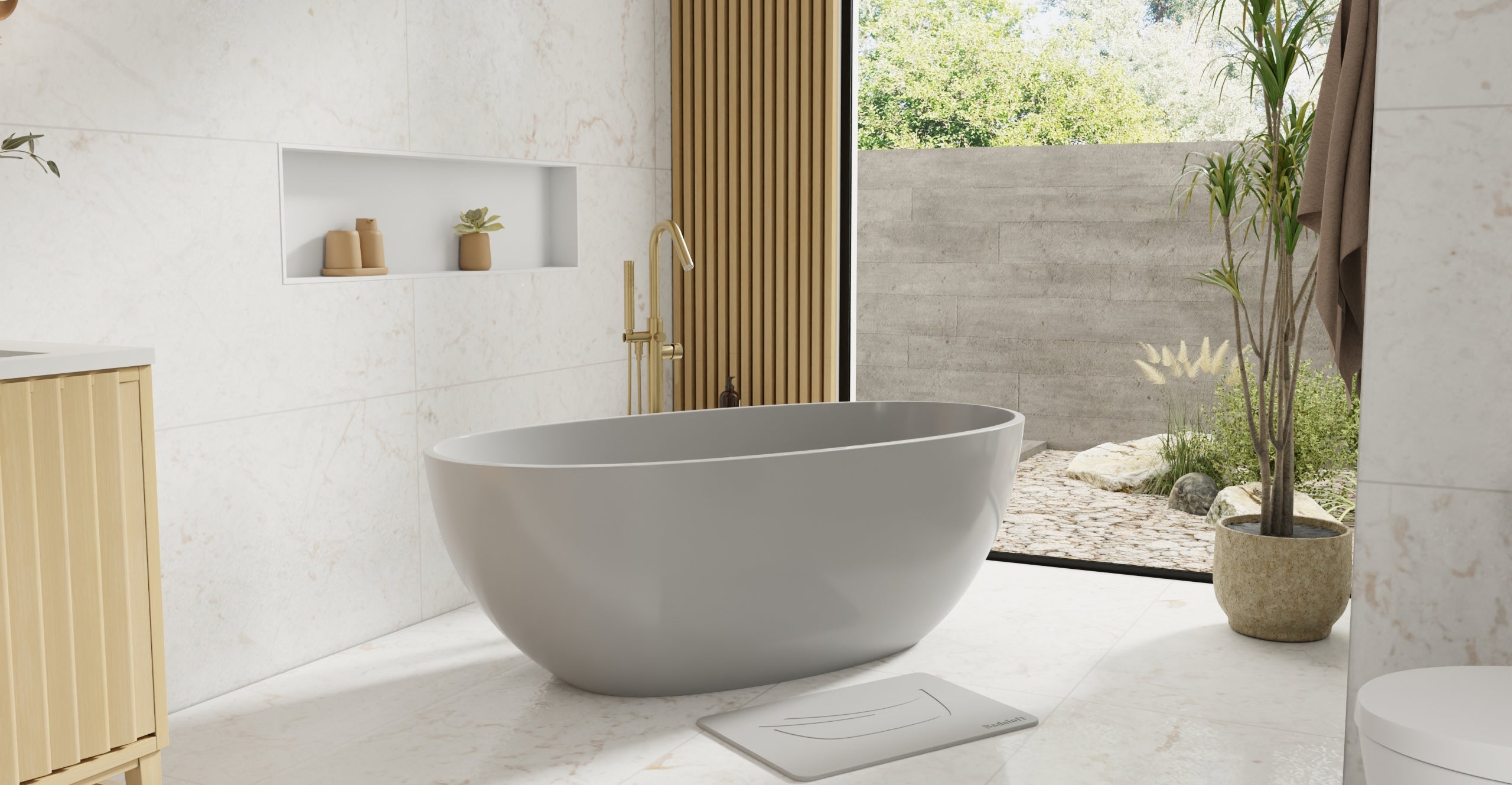 Badeloft BW-10-M-GRY glossy grey freestanding bathtub, lifestyle view 6