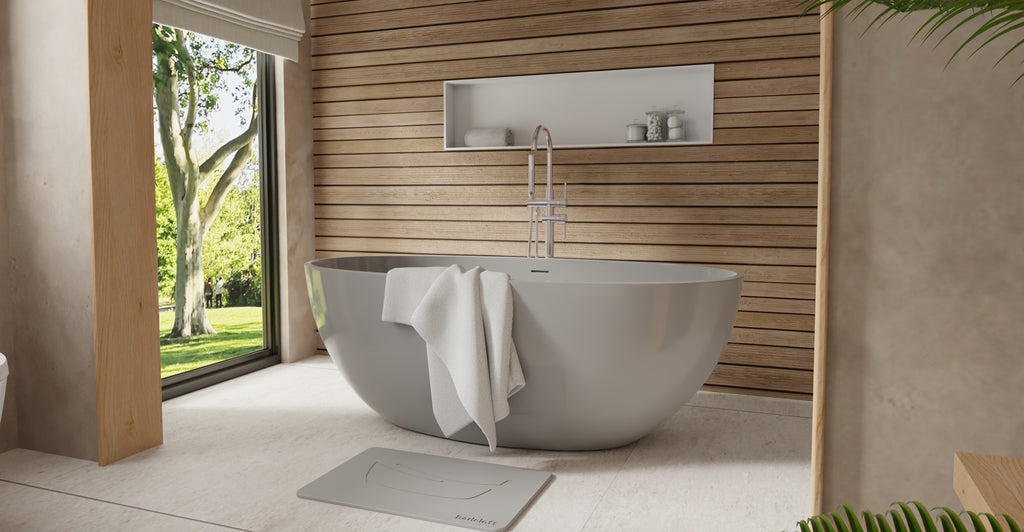 Badeloft BW-10-M-GRY glossy grey freestanding bathtub, lifestyle view 3