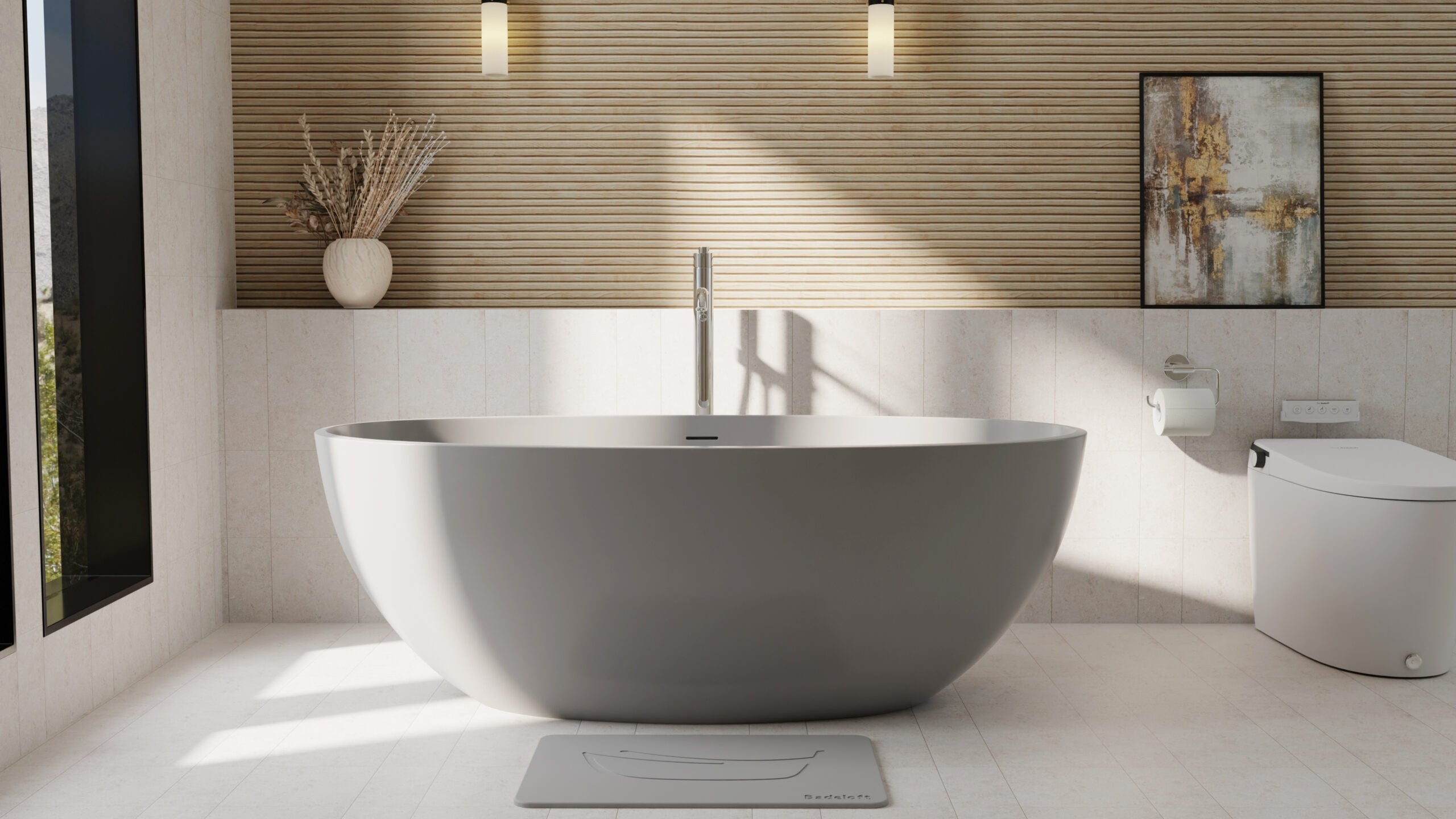 Badeloft BW-10-M-GRY glossy grey freestanding bathtub, lifestyle view