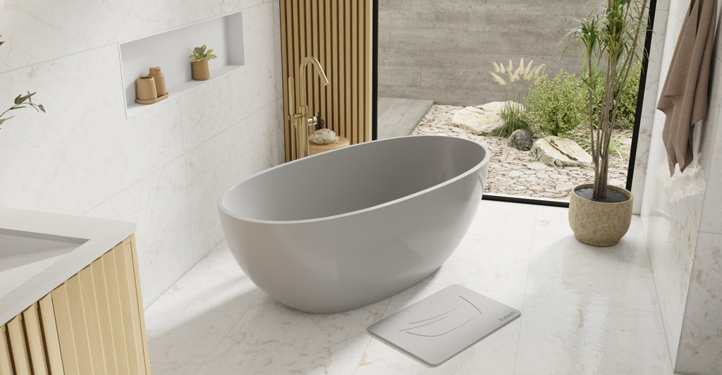Badeloft BW-10-M-GRY glossy grey freestanding bathtub, lifestyle view 2