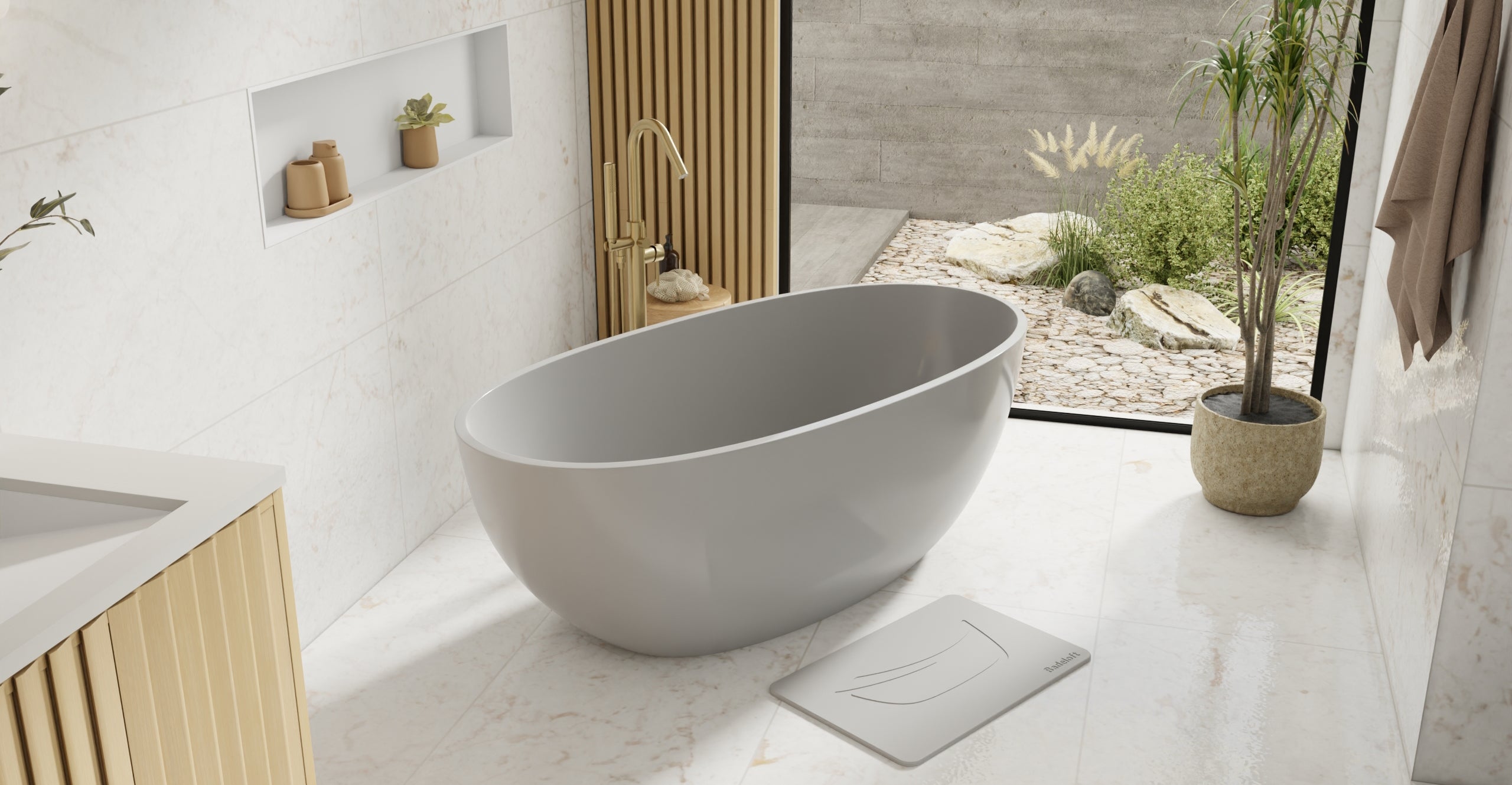 Badeloft BW-10-M-GRY glossy grey freestanding bathtub, lifestyle view 2